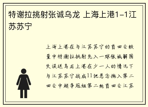特谢拉挑射张诚乌龙 上海上港1-1江苏苏宁